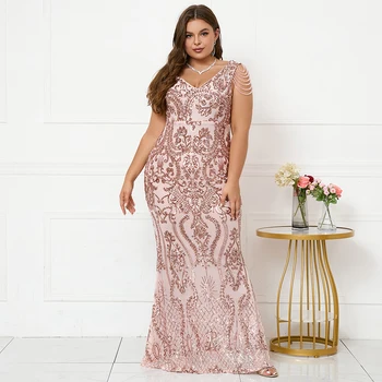 Новое женское розовое вечернее платье с блестками большого размера, элегантное вечернее платье макси с V-образным вырезом, расшитое бисером, длинное платье для выпускного вечера
