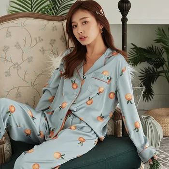 2021 Новая Женская пижама Sleep Spring, Новая Пижама из искусственного шелка с оранжевым принтом, Студенческая Удобная Домашняя одежда, Пижамы для женщин