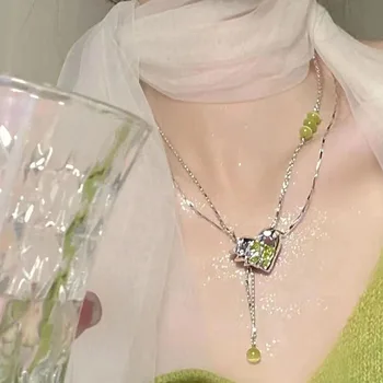 Новое флуоресцентное зеленое ожерелье с кисточкой в виде сердца, женская двухслойная цепочка на ключицу, модные украшения для вечеринок, подарки на день рождения