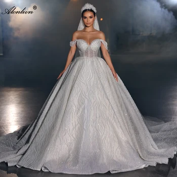 Alonlivn Изысканное кружевное бальное платье с блестками, свадебное платье, расшитое жемчугом, с открытыми плечами, свадебные юбки принцессы-милочки