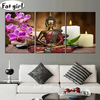 Орхидея, статуя Будды, Свеча, настенное искусство, алмазные картины, квадратный / круглый триптих, религия, алмазная вышивка, мозаика