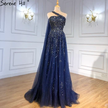 Serene Hill Темно-синие вечерние платья с накидкой на одно плечо и рукавом 2023, роскошные платья А-силуэта, расшитые бисером, для женской вечеринки LA71432
